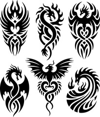 Fototapeta premium Tribal Dragon and Phoenix Tattoo Designs vector bundle