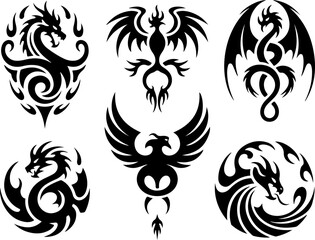 Tribal Dragon and Phoenix Tattoo Designs vector bundle