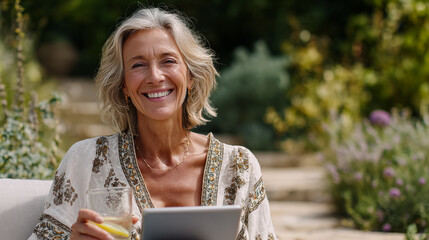 Portrait of smiling mature woman using digital tablet while sitting in garden