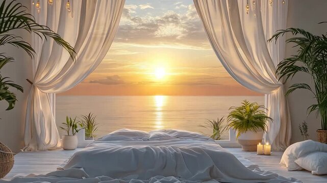 Stylish bedroom with a large bed. Selective focus. dizain.