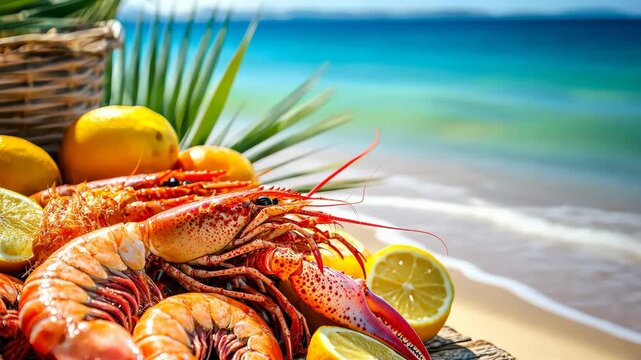 Plate with shrimps and fruits on the background of the sea. Selective focus. nature.