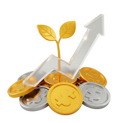 3D Render:  Gold Coins, Rising Growth Arrow, and Plant;  Financial Success Concept, Positive Growth, Investment.