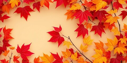 Fototapeta premium Warm beige backdrop framed by vibrant autumn leaves in rich reds, oranges, and yellows, seasonal design, november