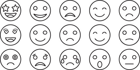 Isolated black mood and emotion icon set, includes happy, sad, angry, calm, stressed, confused, excited, face expression, editable minimal illustrations for psychology or app