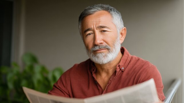 Older latino man reading newspaper on balcony home lifestyle relaxed