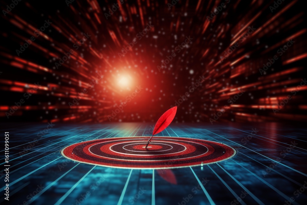 Poster red feather dart hitting center of digital target on futuristic grid surface with motion blur and li