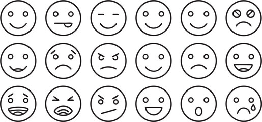 Isolated black emotion and expression icons, includes sad, angry, excited, happy, face moods, calm and confused symbols, minimal editable set for therapy and mental health use