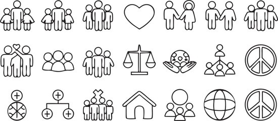Isolated black society and community icon pack, includes people, diversity, support, unity, neighborhood, group, social issues, editable outline illustrations for civic designs