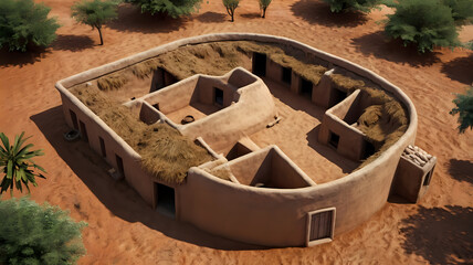 3D model of an African-style mud house with clay walls, dried grass roof, and earthen courtyard, overhead view