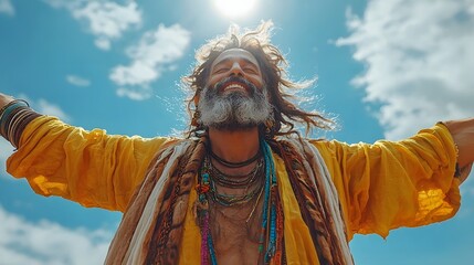 Indian environmentalist with arms open to the sky radiating optimism and harmony with nature