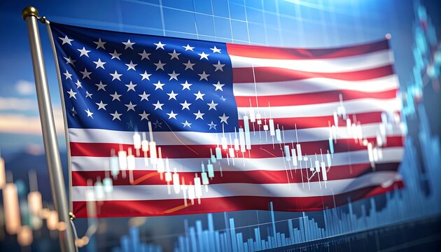 American flag overlaid on a financial chart symbolizing market trends and the economy of the