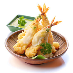 Golden Tempura Shrimp Delight Crispy Perfection with Zesty Dipping Sauce and Refreshing Herbs A Culinary Masterpiece
