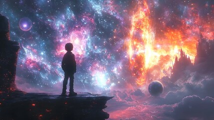 Enchanted cosmic adventure of a child exploring the galaxy