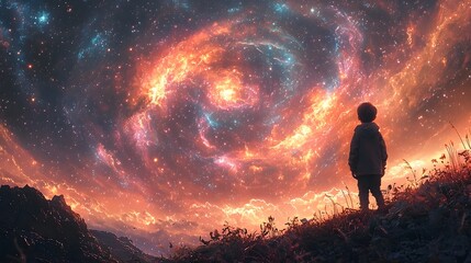 Cosmic Explo n A Child s Silhouette Amid Swirling Auroras and Shooting Stars