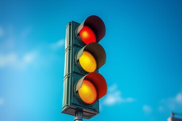 Traffic light showing red and two yellow lights against a blue sky, representing a potential hazard or malfunction