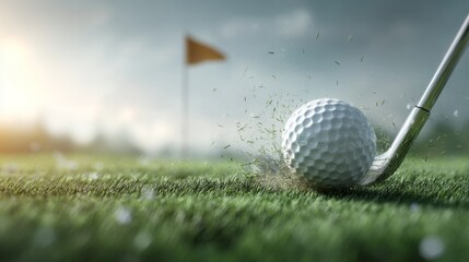 A close-up of a golf ball as its struck by a club, mid-flight, soaring towards the green with a picturesque fairway and flag in the background.