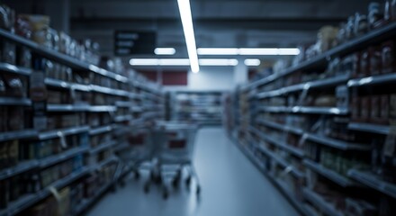 Fototapeta premium A blurred, out-of-focus view down a long supermarket aisle with shelves stocked with various products.