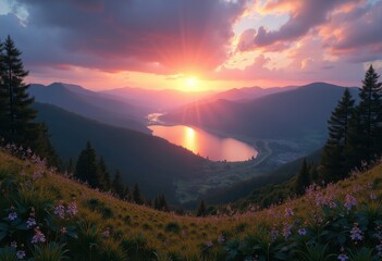 scenic horizon diverse landscape dusk nature panorama vibrant colors tranquil ambiance, sky, view, skyline, serene, gradient, cloud, field, hill, valley