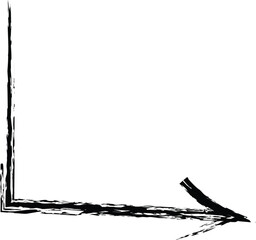 A black brushstroke arrow with a right-angle turn, featuring a rough, textured appearance. The arrow points to the right, making it suitable for use in diagrams