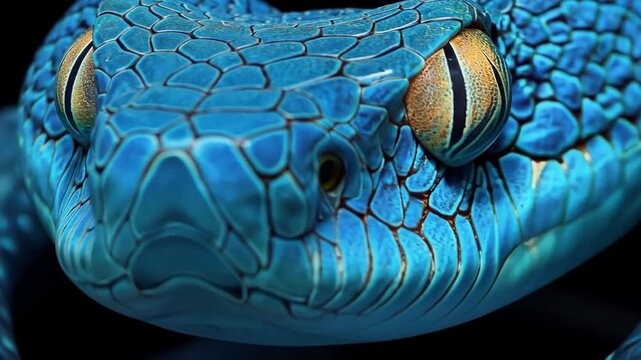 Close-up of a blue tree python with vibrant scales and striking yellow eyes. The snake is coiled, showcasing its unique texture and coloration.