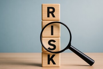 Risk Assessment: An artistic close-up showcases wooden blocks stacked vertically, spelling out RISK, under the focused gaze of a magnifying glass.