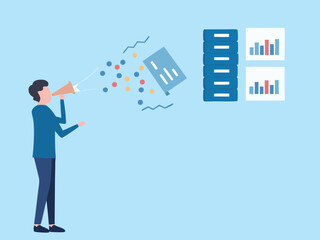 Data announcement with megaphone server stacks and charts on light blue background
