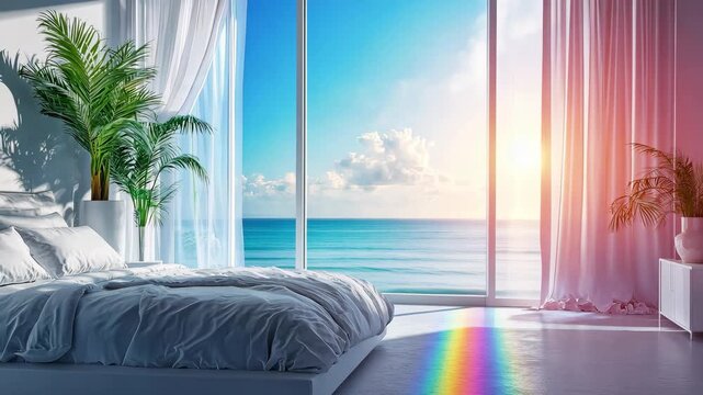 Stylish bedroom with a large bed. Selective focus. dizain.