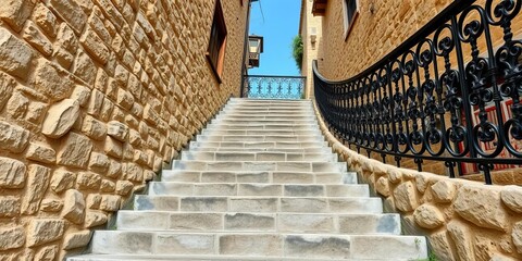 Ancient stone staircase ascends, adorned with intricate wrought iron balustrade in Chania, Crete,  design,  photography