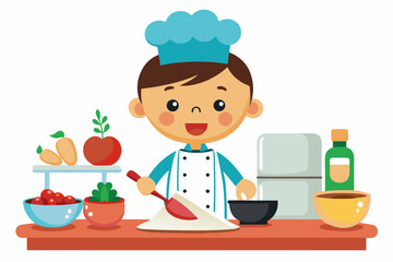 Adorable cartoon illustration of a young girl chef happily cooking with a frying pan and spatula. 