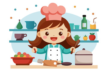 Adorable cartoon illustration of a young girl chef happily cooking with a frying pan and spatula. 