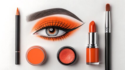 Vibrant orange makeup eye look with lipstick and brushes on white background