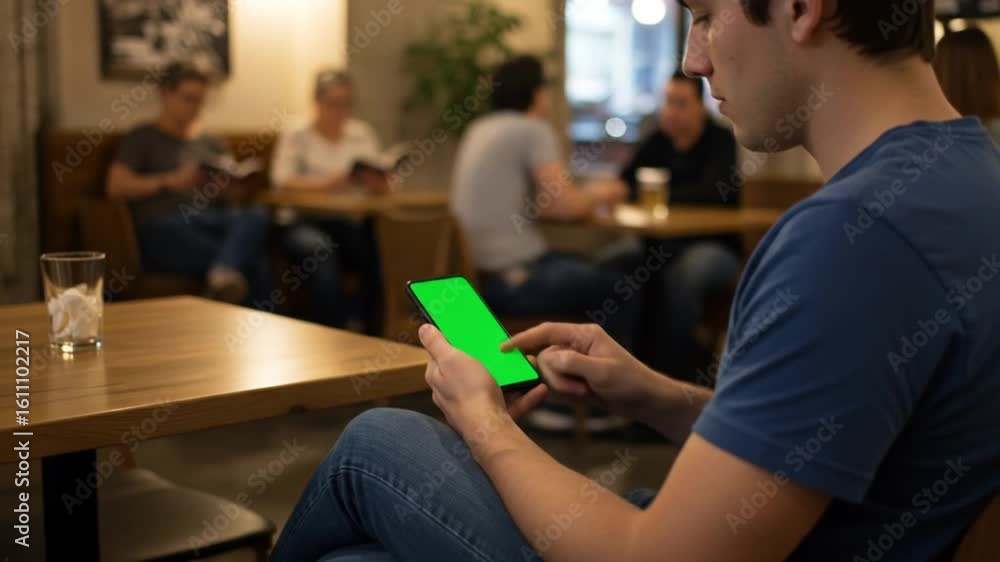 Aufkleber man using a green screen phone in a cafe with other people sitting at tables in the background insid