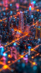 Futuristic City Grid Glowing Lights Bokeh Effect