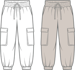 cargo jogger pants front view, cad drawing flat vector illustration, fashion technical sketch, casual elastic waist pants, side pocket joggers, unisex clothing design