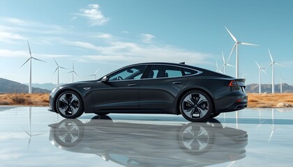 Sleek electric car parked in front of wind turbines, reflecting on water.