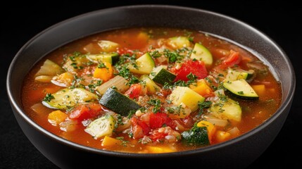 Hearty bowl of minestrone soup bursting with garden fresh vegetables