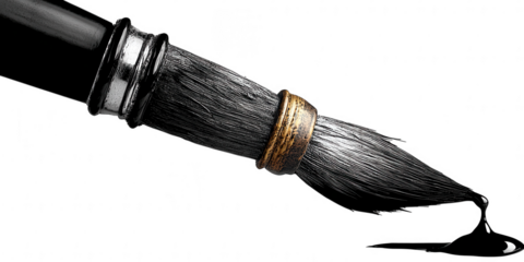 A black paintbrush with ink dripping onto a white background