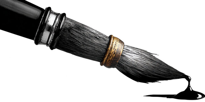 A black paintbrush with ink dripping onto a white background
