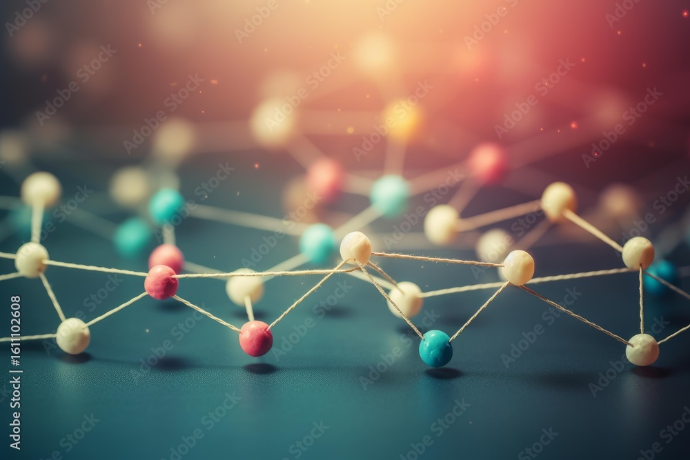 Poster colorful nodes linked by strings represent a network, symbolizing communication, technology, and con