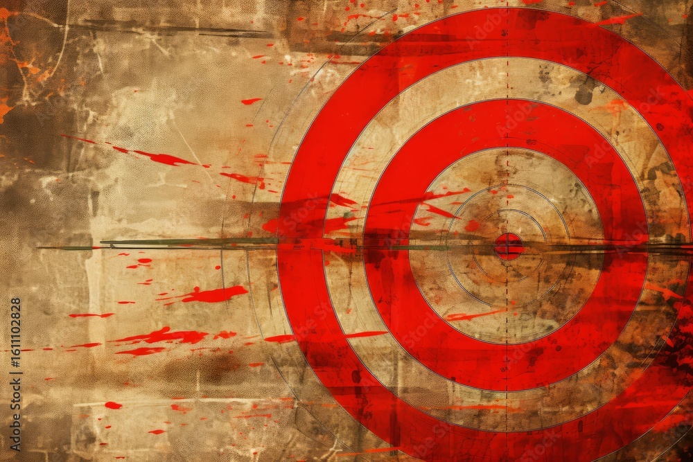 Poster red target design with splattered grunge effect on textured surface