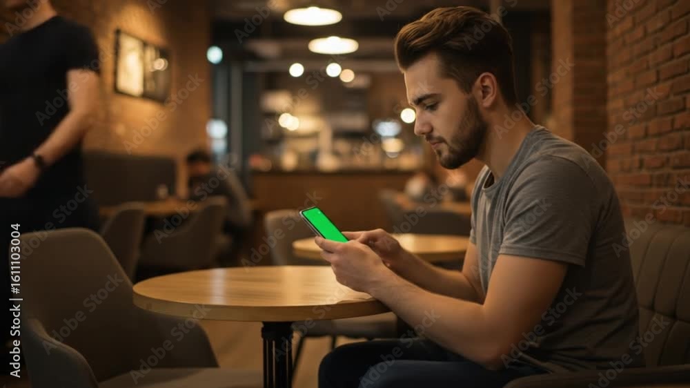 Aufkleber man in cafe using smartphone with green screen at table with blurred background and brick wall view