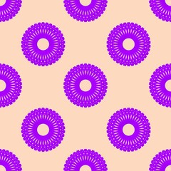 Purple circular mandala pattern on soft beige background, offering a modern and vibrant seamless design perfect for textiles, wallpapers, or digital projects.