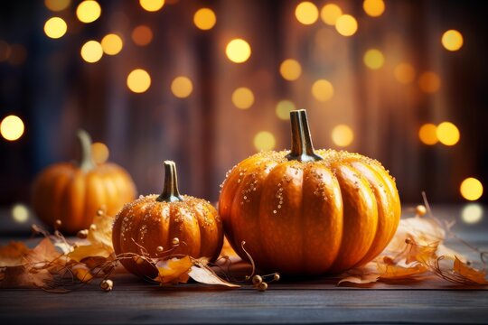 Three pumpkins decorated with glitter, autumn leaves and bokeh lights celebrating thanksgiving and halloween