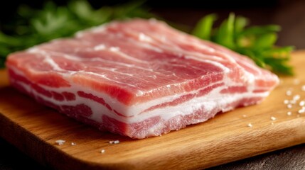 Fototapeta premium A close-up of raw pork belly with distinct layers of fat and meat, placed on a clean cutting board, ready for preparation, with a minimalist background