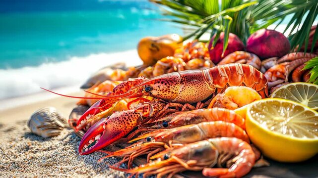 Plate with shrimps and fruits on the background of the sea. Selective focus. nature.
