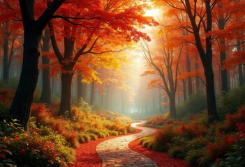 Fototapeta premium enchanting scenic trails through vibrant autumn foliage colorful leaves nature walk pathways wilderness, trees, forest, park, landscape, vista, parkland
