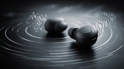 A close-up of wireless earbuds resting on a sleek surface, with sound waves and connectivity symbols in the background, evoking a sense of modern technology.
