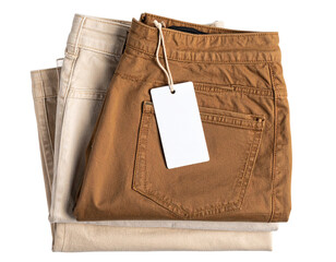 Top-Down View of Folded Casual Trousers in Earth Tones with Blank Label, Retail Display Style, Isolated