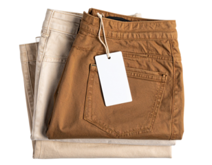 Top-Down View of Folded Casual Trousers in Earth Tones with Blank Label, Retail Display Style, Isolated
