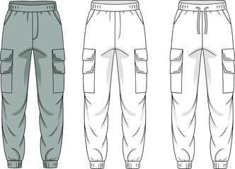 Cargo jogger pants technical flat sketch, front view fashion template, casual unisex utility trousers with flap pockets, cad drawing, vector apparel design illustration